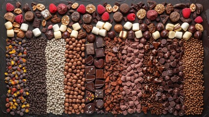 a variety of chocolates, nuts, and candys arranged in a row on top of a black surface.