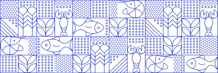 web banner. line geometric mosaic seamless pattern illustration. fish and seafood geometric pattern.