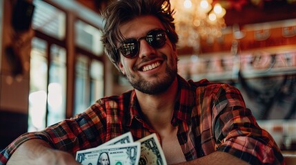 Wall Mural - Handsome young man in checkered shirt and sunglasses sitting in a pub and holding dollars, ai generative