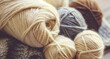Close up images of natural wool skeins. Soft natural daylight and muted colors. Wide range of knitting supplies.