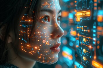 Poster - Digital interface reflects young lady's visage, eyes captivated by futuristic cyber data, representing cutting-edge technology. Tech-savvy woman's face illuminated by matrix of cybernetic information