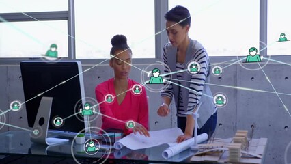 Poster - Animation of network of connections with icons over diverse female colleagues discussing work