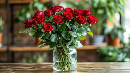 a vase filled with red roses sitting on top of a wooden table next to a plant filled with potted plants.