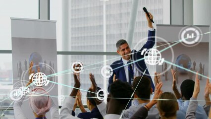 Poster - Animation of network of connections with icons over diverse colleagues at meeting clapping hands