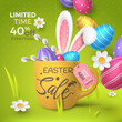 Easter festive sale banner with fur bunny ears, 3D eggs, willow in a cup and coloured realistic eggs, camomiles falling in the green background. Cartoon holiday flyer for limited time discount offers.