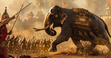 With powerful strides a Mauryan war elephant breaks through enemy lines trampling all in its path as its rider brandishes a spear with deadly force.