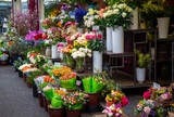 Fototapeta Koty - Dusseldorf - Germany - February 15, 2024,  Florist flower stall at Carlsplatz market - outdoor venue with stalls selling produce, flowers, meat and street food