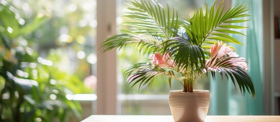  A tropical palm plant sits in a flowerpot on a table in front of a window indoors, basking in the natural light that streams through the glass.