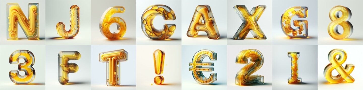 Yellow glass 3D Lettering Typeface. AI generated illustration