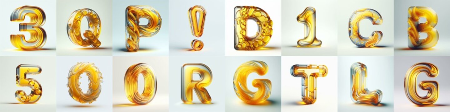 Yellow glass 3D Lettering Typeface. AI generated illustration