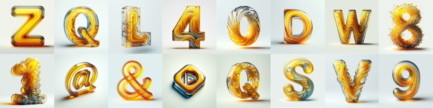 Yellow glass 3D Lettering Typeface. AI generated illustration