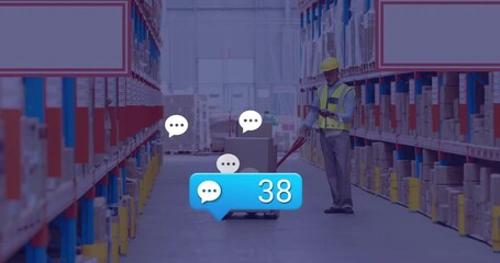 Poster - Animation of media icons over caucasian male worker in warehouse