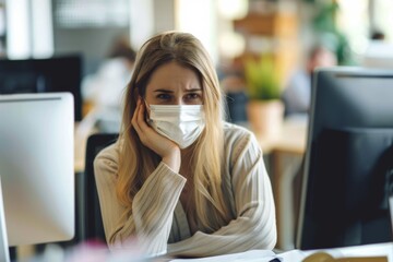 Wall Mural - woman sick While working in front of the computer at the office, wide angle