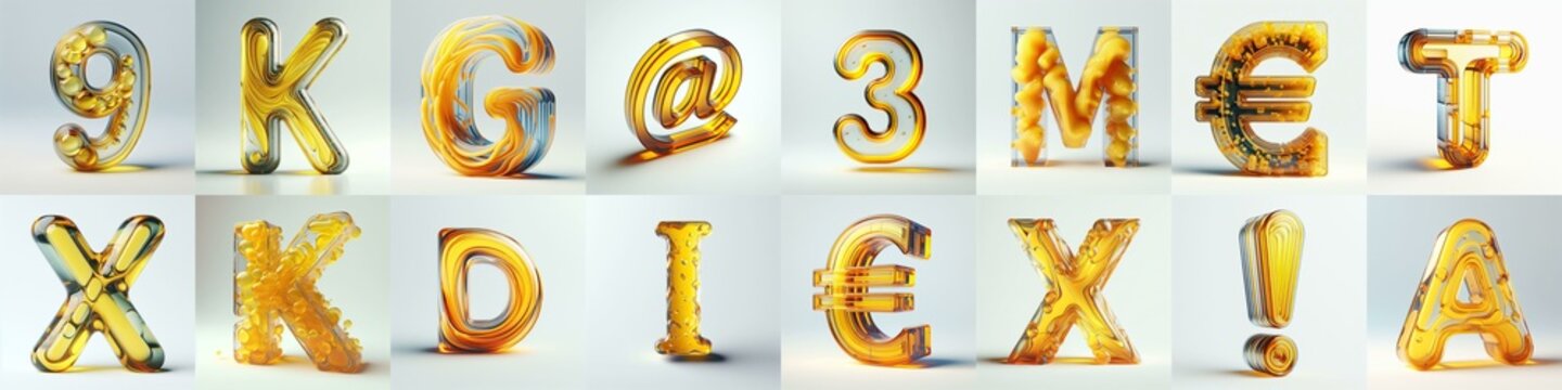 Yellow glass 3D Lettering Typeface. AI generated illustration