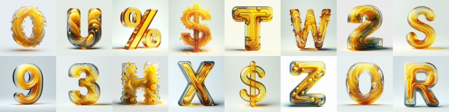 Yellow glass 3D Lettering Typeface. AI generated illustration