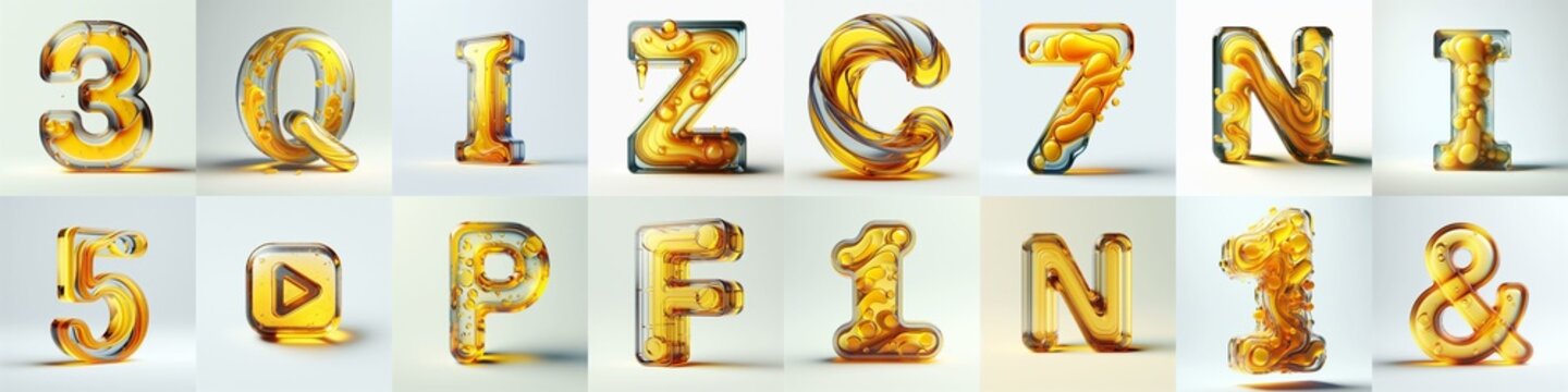 Yellow glass 3D Lettering Typeface. AI generated illustration