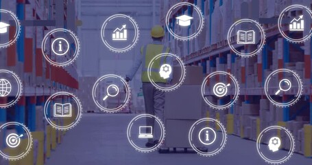 Poster - Animation of media icons over caucasian male worker in warehouse