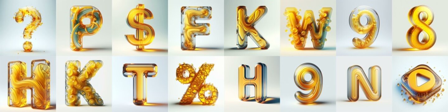 Yellow glass 3D Lettering Typeface. AI generated illustration