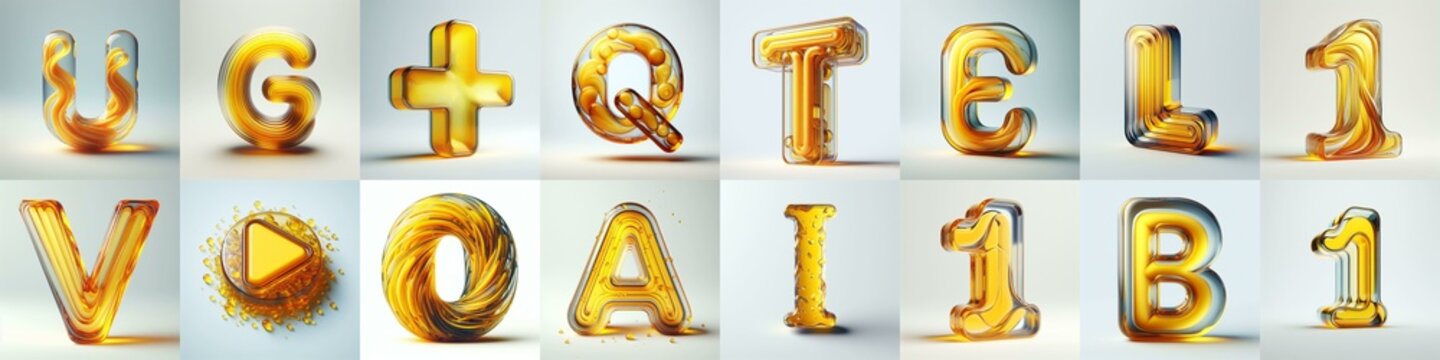 Yellow glass 3D Lettering Typeface. AI generated illustration