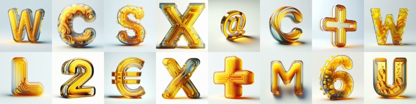 Yellow glass 3D Lettering Typeface. AI generated illustration
