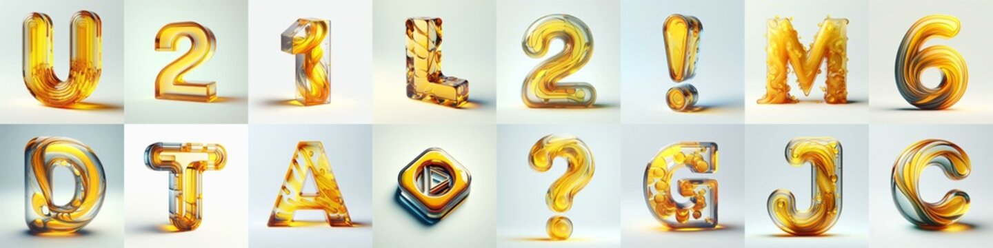 Yellow glass 3D Lettering Typeface. AI generated illustration