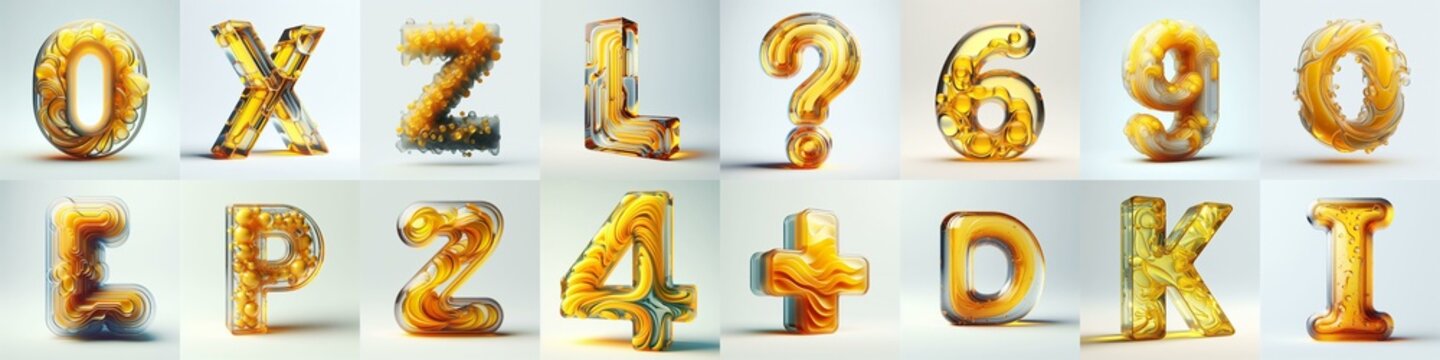 Yellow glass 3D Lettering Typeface. AI generated illustration