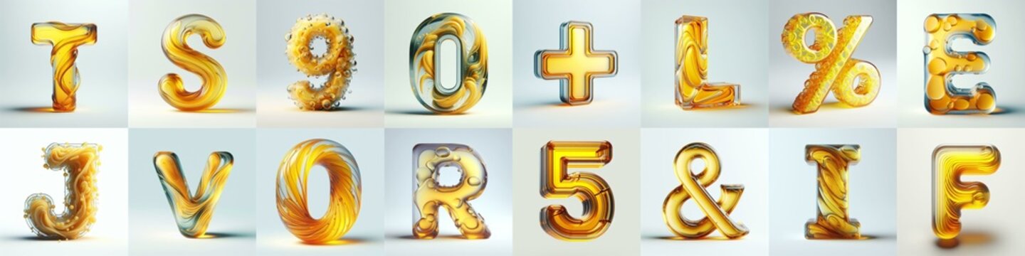 Yellow glass 3D Lettering Typeface. AI generated illustration
