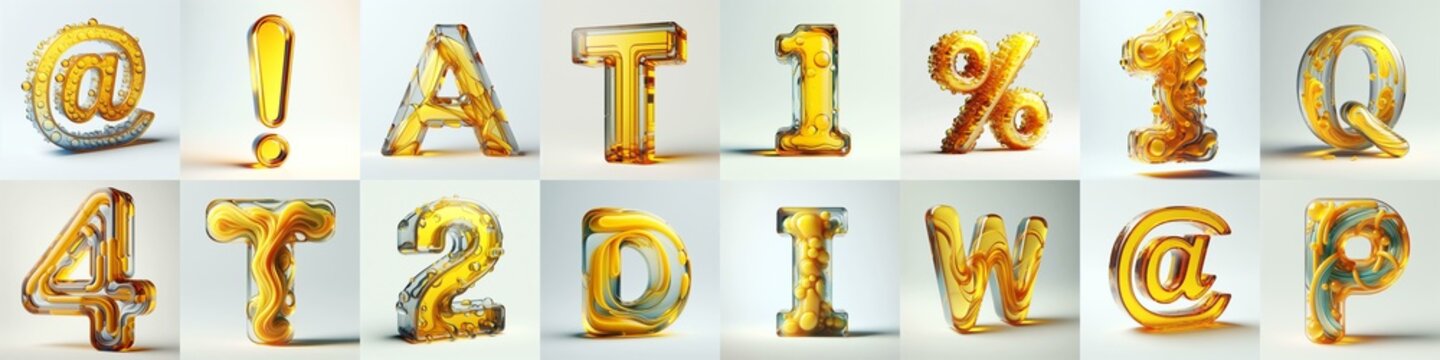 Yellow glass 3D Lettering Typeface. AI generated illustration