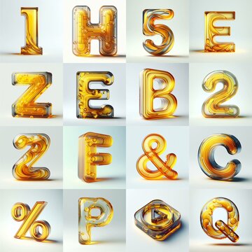 Yellow glass 3D Lettering Typeface. AI generated illustration