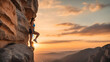 Athletic Woman climbing on overhanging cliff rock with sunset sky background.