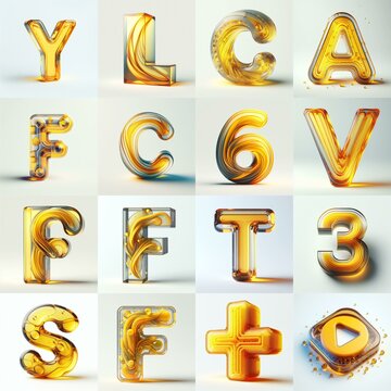 Yellow glass 3D Lettering Typeface. AI generated illustration