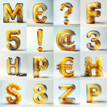 Yellow glass 3D Lettering Typeface. AI generated illustration