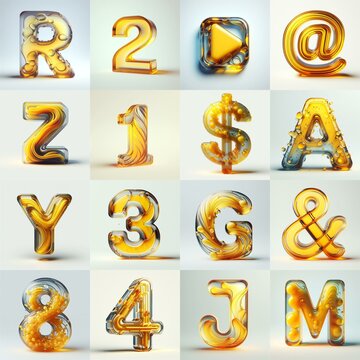 Yellow glass 3D Lettering Typeface. AI generated illustration