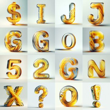 Yellow glass 3D Lettering Typeface. AI generated illustration