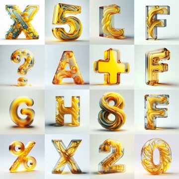 Yellow glass 3D Lettering Typeface. AI generated illustration