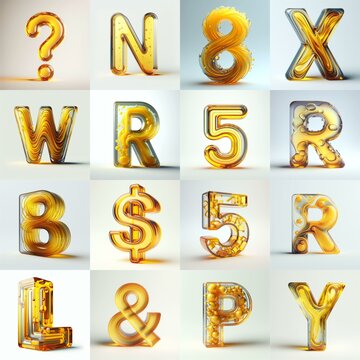 Yellow glass 3D Lettering Typeface. AI generated illustration