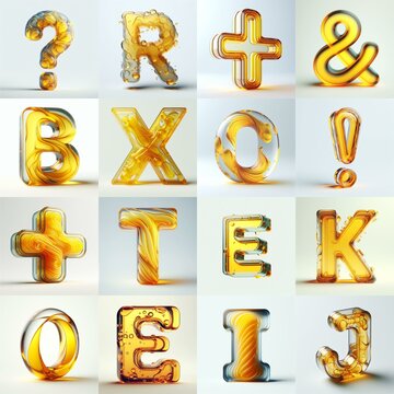 Yellow glass 3D Lettering Typeface. AI generated illustration
