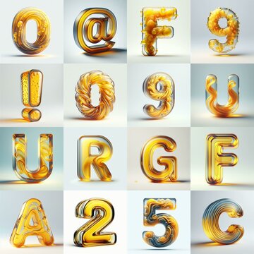 Yellow glass 3D Lettering Typeface. AI generated illustration