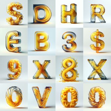 Yellow glass 3D Lettering Typeface. AI generated illustration