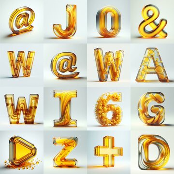 Yellow glass 3D Lettering Typeface. AI generated illustration