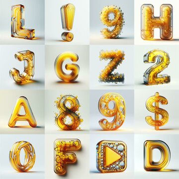 Yellow glass 3D Lettering Typeface. AI generated illustration