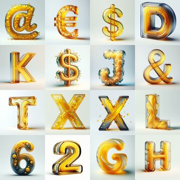 Yellow glass 3D Lettering Typeface. AI generated illustration