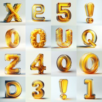 Yellow glass 3D Lettering Typeface. AI generated illustration