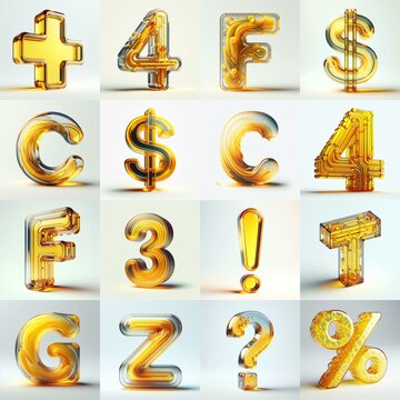 Yellow glass 3D Lettering Typeface. AI generated illustration