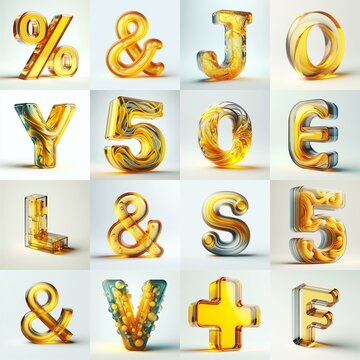 Yellow glass 3D Lettering Typeface. AI generated illustration