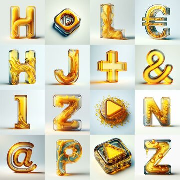 Yellow glass 3D Lettering Typeface. AI generated illustration