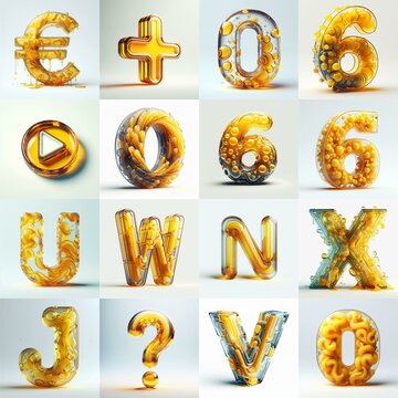 Yellow glass 3D Lettering Typeface. AI generated illustration