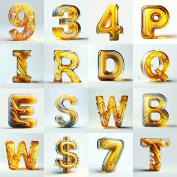 Yellow glass 3D Lettering Typeface. AI generated illustration