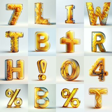 Yellow glass 3D Lettering Typeface. AI generated illustration