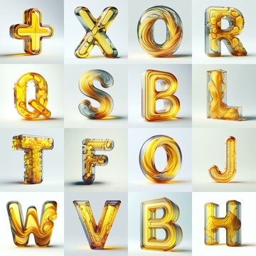 Yellow glass 3D Lettering Typeface. AI generated illustration
